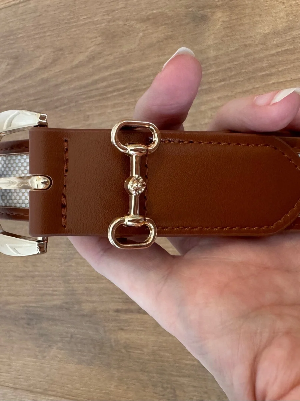 Tan canvas Horsebit belt gold snaffle bit buckle equestrian